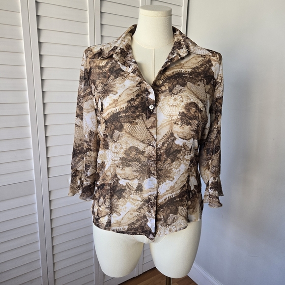 Essentials  Brown Beige Lace Print Blouse Size L Sheer Ruffle Romantic Y2K Retro - Picture 1 of 10